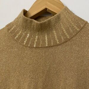 Sharon Young gold metallic knit sequin mock neck top